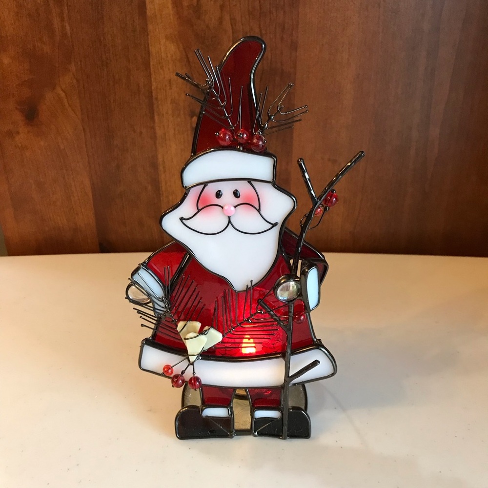 Stained Glass 12” Santa With VotiveTea Light Candle Holder